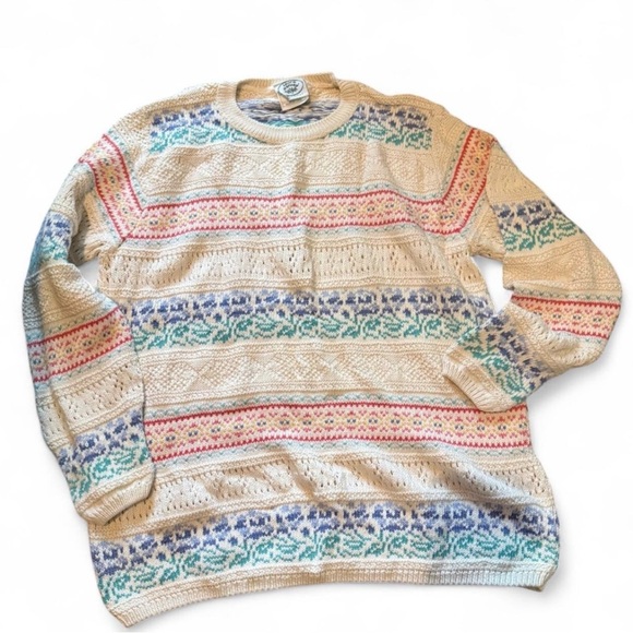 Laura Ashley Sweaters - Vintage Laura Ashley Cream Pink Floral Cotton Sweater Knit Size Medium/Large